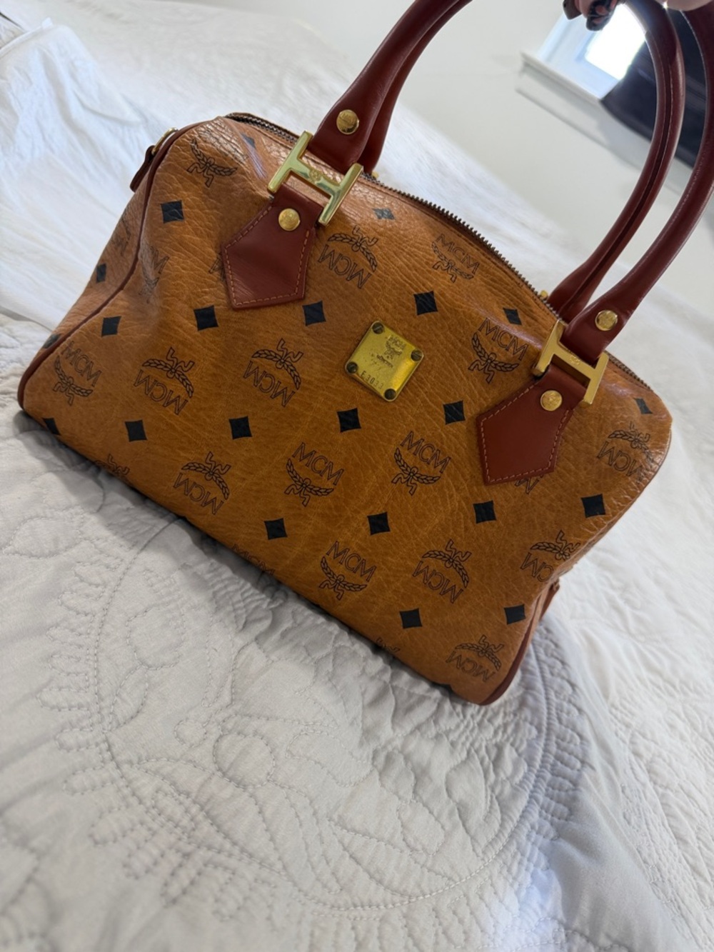 Vintage Boston MCM Cognac Visetos Satchel w/ Gold Hardware & Dark Brown Handles